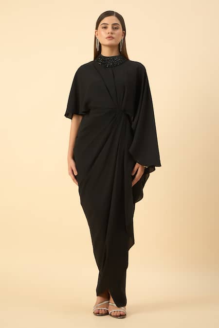 Aakaar_Black Modal Beads High Neck Draped Maxi Dress _at_Aza_Fashions