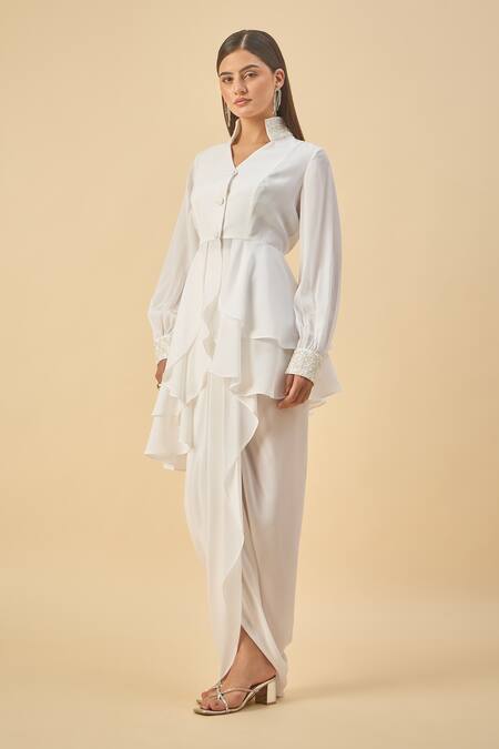 Aakaar White Modal Sequins Collared Moss Crepe Tunic And Draped Skirt Set Online at Aza Fashions Aakaar_White Modal Sequins Collared Moss Crepe Tunic And Draped Skirt Set _Online_at_Aza_Fashions