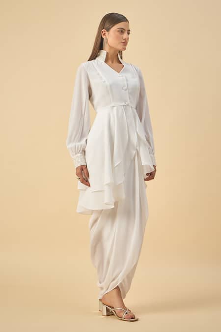 Buy Aakaar White Modal Sequins Collared Moss Crepe Tunic And Draped Skirt Set Online at Aza Fashions Buy_Aakaar_White Modal Sequins Collared Moss Crepe Tunic And Draped Skirt Set _Online_at_Aza_Fashions
