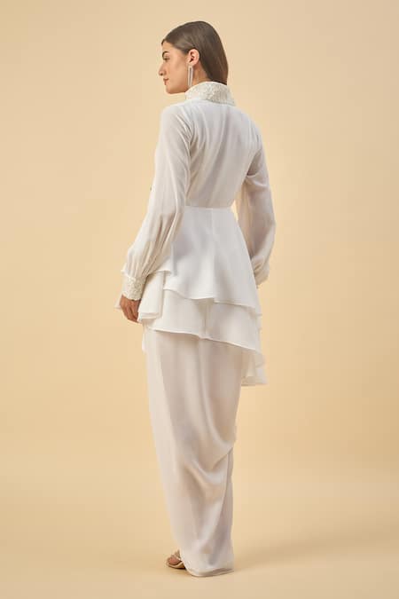 Shop Aakaar White Modal Sequins Collared Moss Crepe Tunic And Draped Skirt Set at Aza Fashions Shop_Aakaar_White Modal Sequins Collared Moss Crepe Tunic And Draped Skirt Set _at_Aza_Fashions