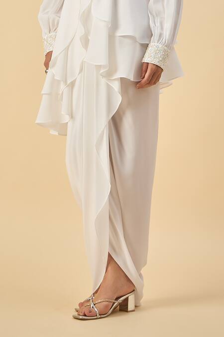 Shop Aakaar White Modal Sequins Collared Moss Crepe Tunic And Draped Skirt Set Online at Aza Fashions Shop_Aakaar_White Modal Sequins Collared Moss Crepe Tunic And Draped Skirt Set _Online_at_Aza_Fashions