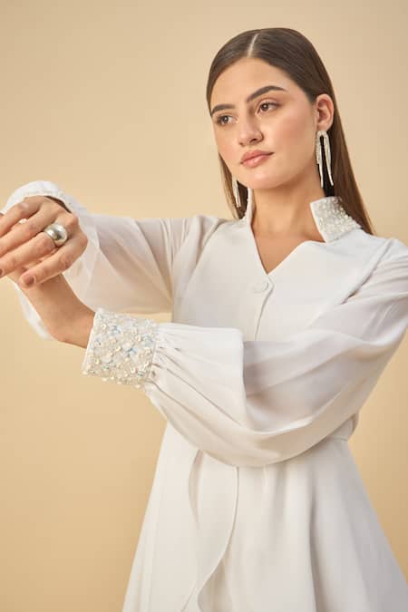 Aakaar White Modal Sequins Collared Moss Crepe Tunic And Draped Skirt Set at Aza Fashions Aakaar_White Modal Sequins Collared Moss Crepe Tunic And Draped Skirt Set _at_Aza_Fashions