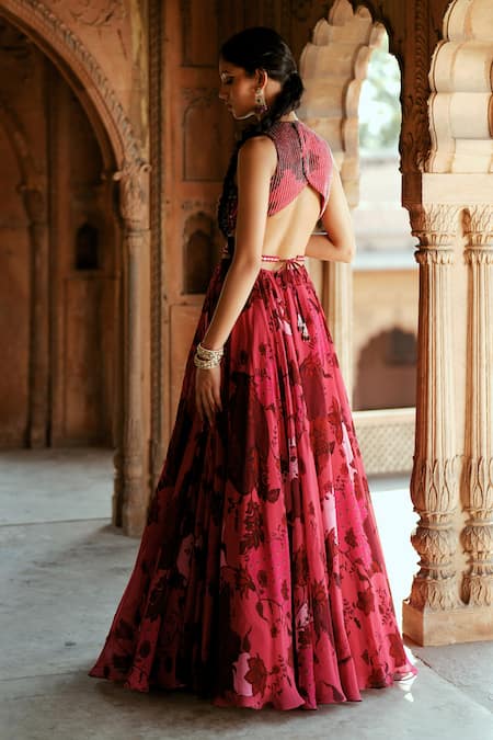 Shop_ISHA GUPTA TAYAL_Pink Organza Sequins, Embroidery V-neck Printed Anarkali Set _at_Aza_Fashions