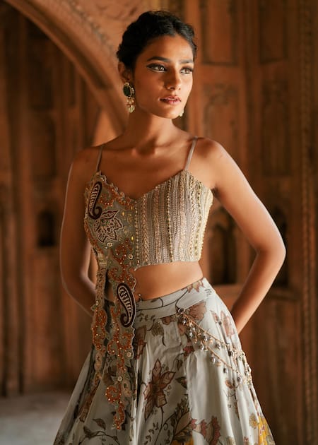 Buy_ISHA GUPTA TAYAL_Gray Organza Beads, Sequins, Embroidery Sweetheart Printed Fusion Lehenga Set _Online_at_Aza_Fashions