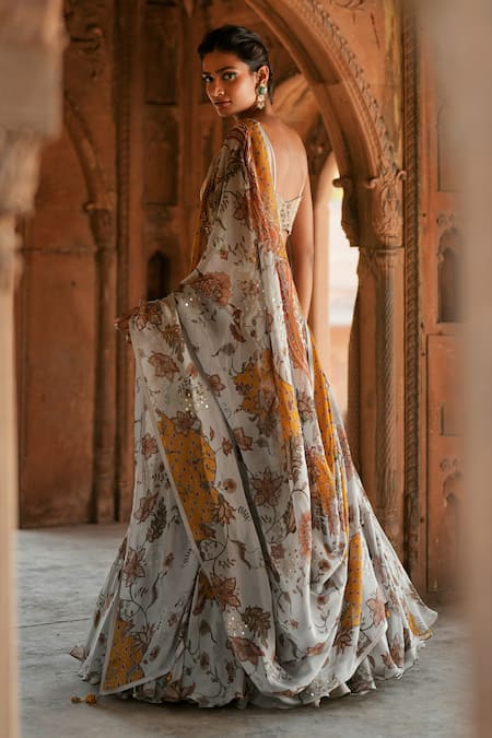 ISHA GUPTA TAYAL Printed Organza Fusion Lehenga Set 