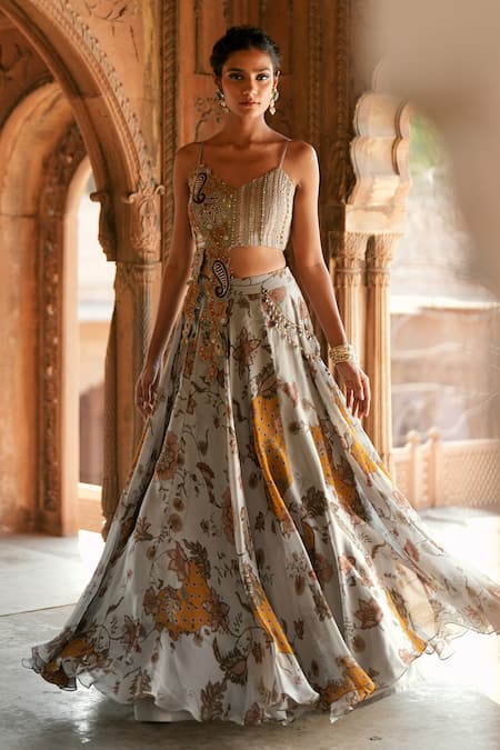 Shop_ISHA GUPTA TAYAL_Gray Organza Beads, Sequins, Embroidery Sweetheart Printed Fusion Lehenga Set _Online_at_Aza_Fashions
