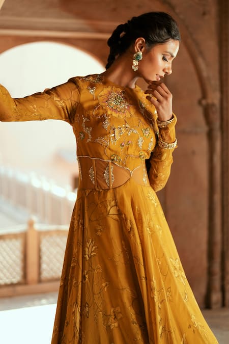 ISHA GUPTA TAYAL_Gold Organza Embroidery Round Neck Anarkali Set _Online_at_Aza_Fashions