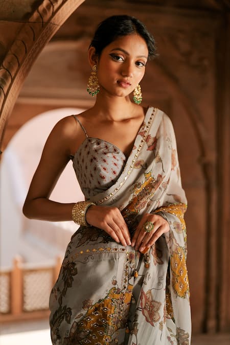 ISHA GUPTA TAYAL_Gray Organza, Chanderi Silk, Satin Grey Floral Printed Designer Saree Set _Online_at_Aza_Fashions