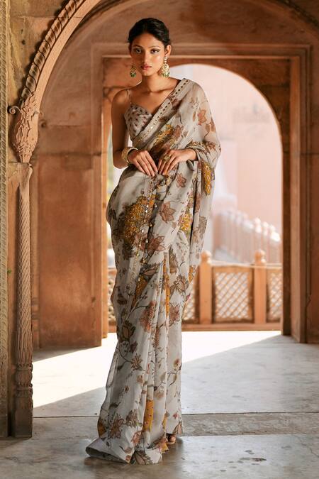 Buy_ISHA GUPTA TAYAL_Gray Organza, Chanderi Silk, Satin Grey Floral Printed Designer Saree Set _Online_at_Aza_Fashions