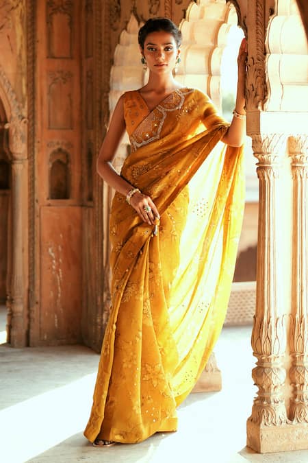 Isha Gupta Tayal Gold Organza Printed Saree Set 