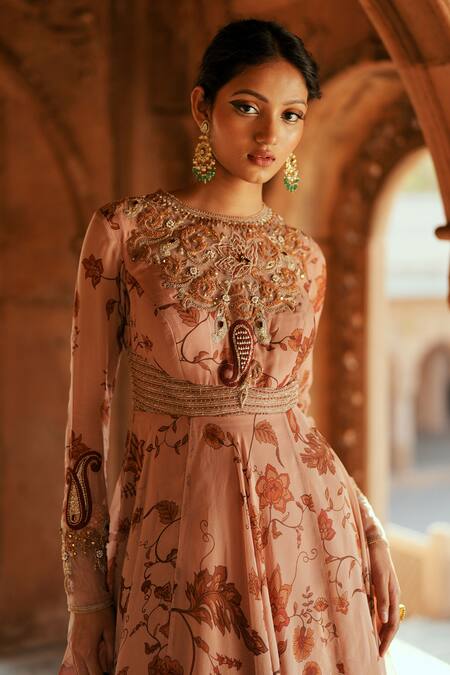 ISHA GUPTA TAYAL Pink Organza Beads, Embroidery Round Neck Printed Anarkali Set With Dupatta Online at Aza Fashions ISHA GUPTA TAYAL_Pink Organza Beads, Embroidery Round Neck Printed Anarkali Set With Dupatta _Online_at_Aza_Fashions