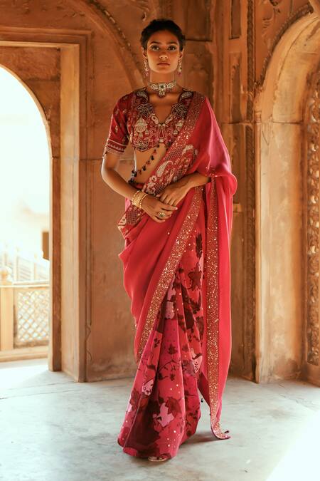 Buy ISHA GUPTA TAYAL Pink Organza, Silk, Satin Embroidery, Sequins V-neck Designer Saree Set Online at Aza Fashions Buy_ISHA GUPTA TAYAL_Pink Organza, Silk, Satin Embroidery, Sequins V-neck Designer Saree Set _Online_at_Aza_Fashions