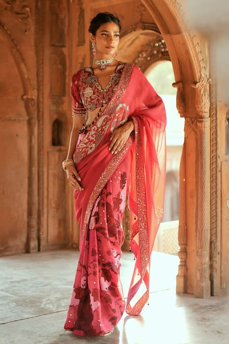 Isha Gupta Tayal Pink Designer Organza Saree Set 