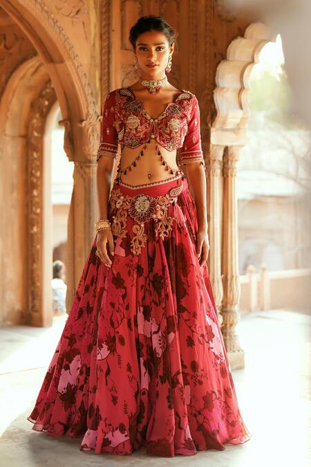 Buy ISHA GUPTA TAYAL Pink Organza, Silk Sequins, Beads, Embroidery V-neck Floral Print Lehenga Set Online at Aza Fashions Buy_ISHA GUPTA TAYAL_Pink Organza, Silk Sequins, Beads, Embroidery V-neck Floral Print Lehenga Set _Online_at_Aza_Fashions