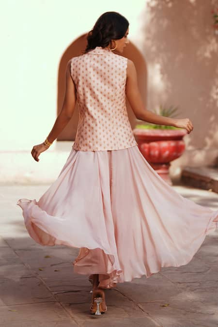 ISHA GUPTA TAYAL Pink Organza Skirt & Chanderi Waistcoat Set 