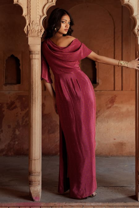 Shop_ISHA GUPTA TAYAL_Pink Crepe Beads Off-shoulder Designer Draped Maxi Dress _at_Aza_Fashions