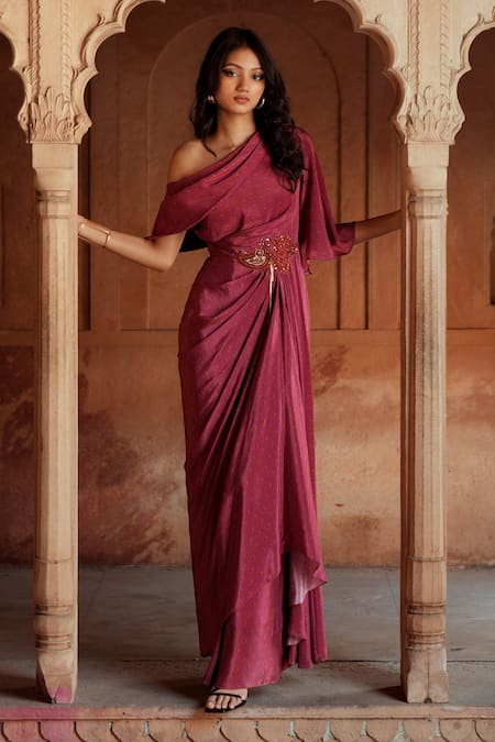 Buy_ISHA GUPTA TAYAL_Pink Crepe Beads Off-shoulder Designer Draped Maxi Dress _Online_at_Aza_Fashions