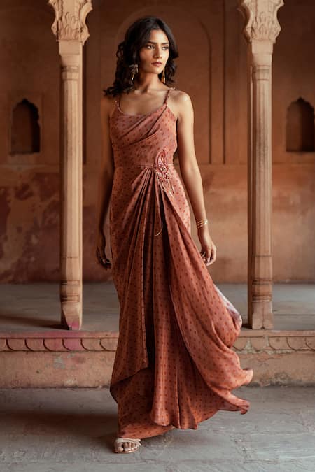 ISHA GUPTA TAYAL Beige Crepe Scoop Neck Draped Maxi Dress Online at Aza Fashions ISHA GUPTA TAYAL_Beige Crepe Scoop Neck Draped Maxi Dress _Online_at_Aza_Fashions