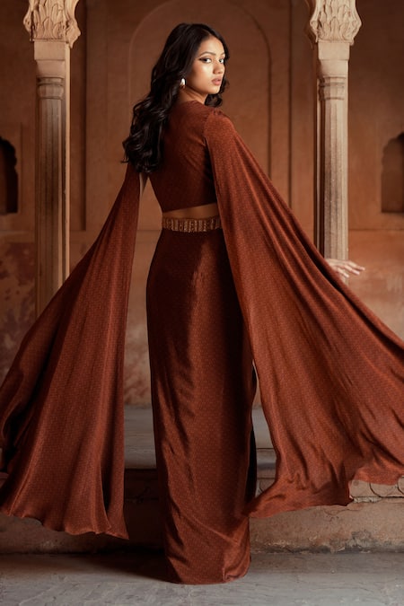 Shop_ISHA GUPTA TAYAL_Brown Crepe Embroidery V-neck Printed Kurta Set _at_Aza_Fashions