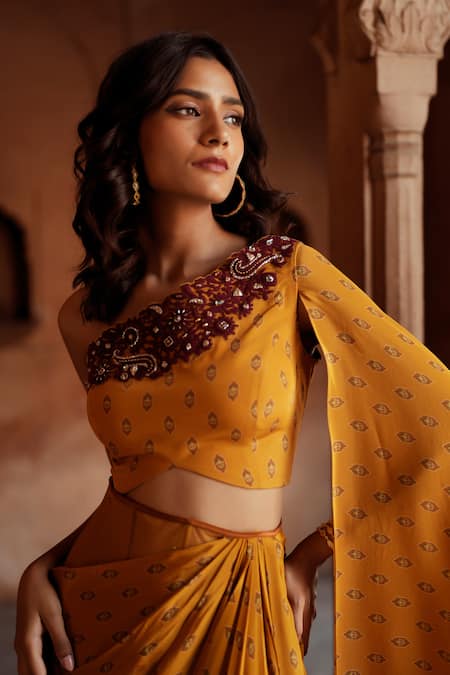 ISHA GUPTA TAYAL Yellow Crepe Embroidery Asymmetric Printed Skirt Set Online at Aza Fashions ISHA GUPTA TAYAL_Yellow Crepe Embroidery Asymmetric Printed Skirt Set _Online_at_Aza_Fashions