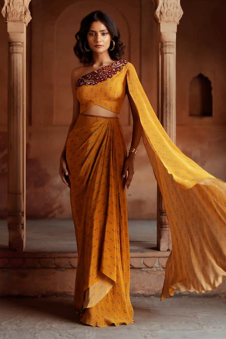 Buy ISHA GUPTA TAYAL Yellow Crepe Embroidery Asymmetric Printed Skirt Set Online at Aza Fashions Buy_ISHA GUPTA TAYAL_Yellow Crepe Embroidery Asymmetric Printed Skirt Set _Online_at_Aza_Fashions