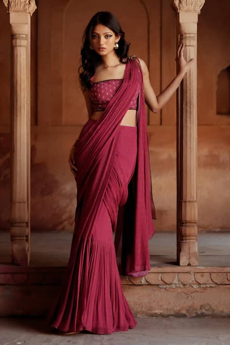 Buy_ISHA GUPTA TAYAL_Pink Georgette Beads Square Neck Pre-draped Saree With Blouse _Online_at_Aza_Fashions