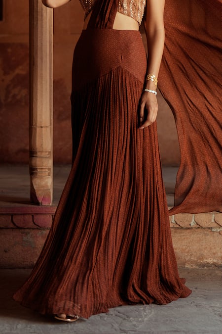 Buy ISHA GUPTA TAYAL Brown Georgette Beads, Embroidery Asymmetric Pre-draped Lehenga Saree Online at Aza Fashions Buy_ISHA GUPTA TAYAL_Brown Georgette Beads, Embroidery Asymmetric Pre-draped Lehenga Saree _Online_at_Aza_Fashions