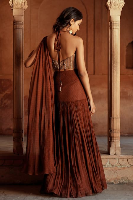ISHA GUPTA TAYAL Brown Georgette Pre-Draped Lehenga Saree 
