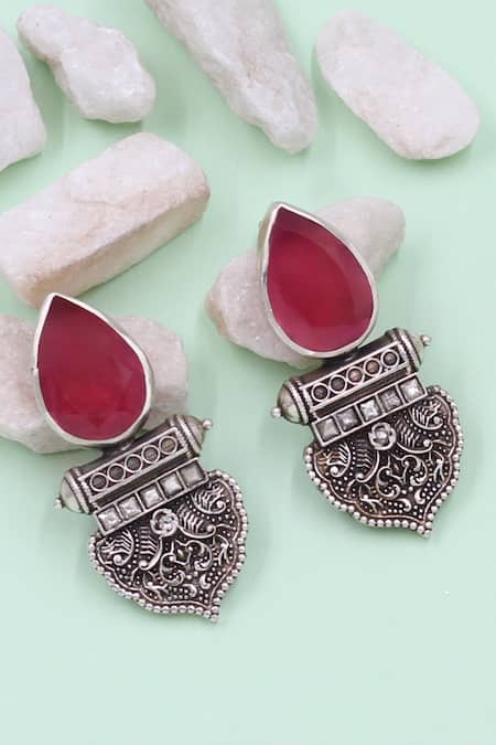 Sangeeta Boochra Red Onyx Silver Dangler Earrings 
