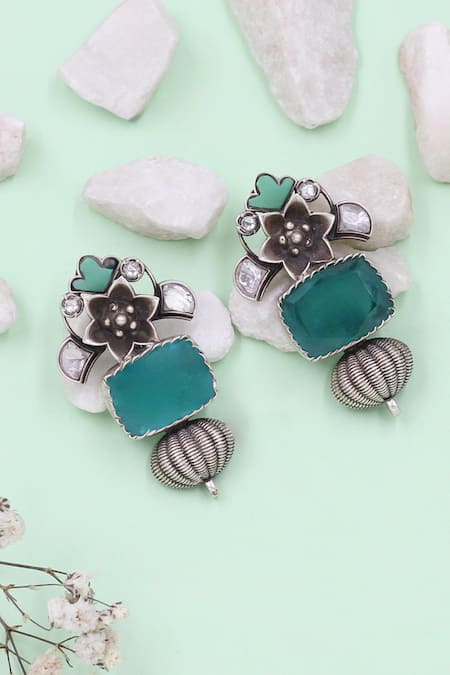 Sangeeta Boochra Handcrafted Silver Onyx Dangle Earrings 
