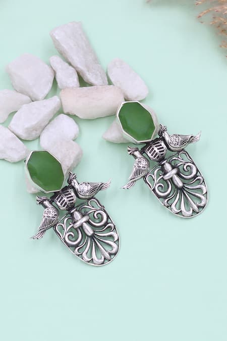 Sangeeta Boochra Ornate Simplicity Green Onyx Silver Earrings 