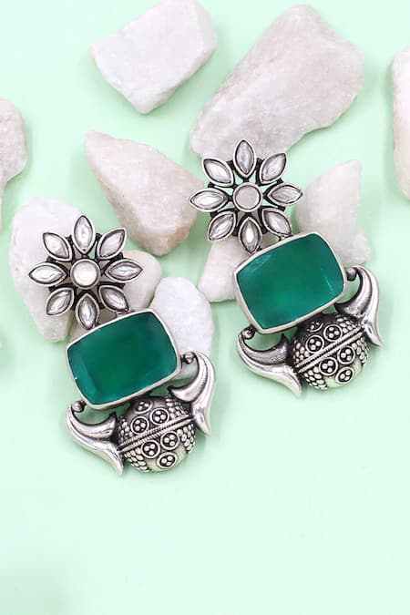 Sangeeta Boochra Green Onyx Silver Handcrafted Earrings 