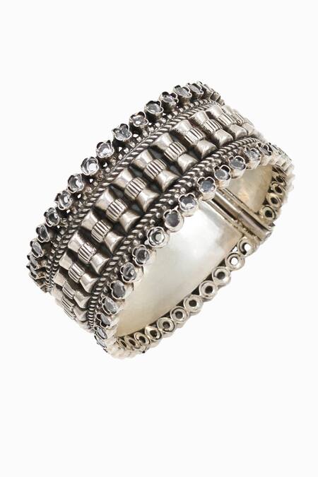 Shop_Sangeeta Boochra_Silver Plated Designer Kundan Bangle _Online_at_Aza_Fashions