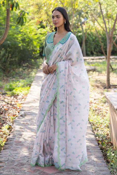 Shop Surmaye Pink Embroidery Wildflower Kiss Saree Shop_Surmaye_Pink Embroidery Wildflower Kiss Saree