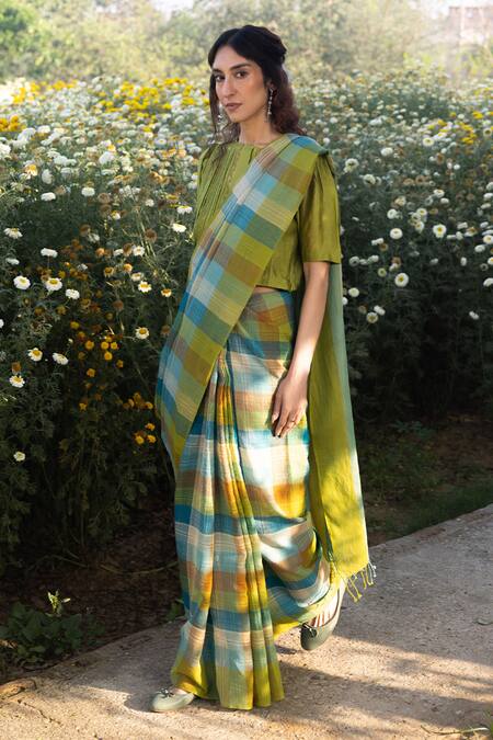 Buy_Surmaye_Multi Color Handloom Cotton Entwined Checkered Saree 