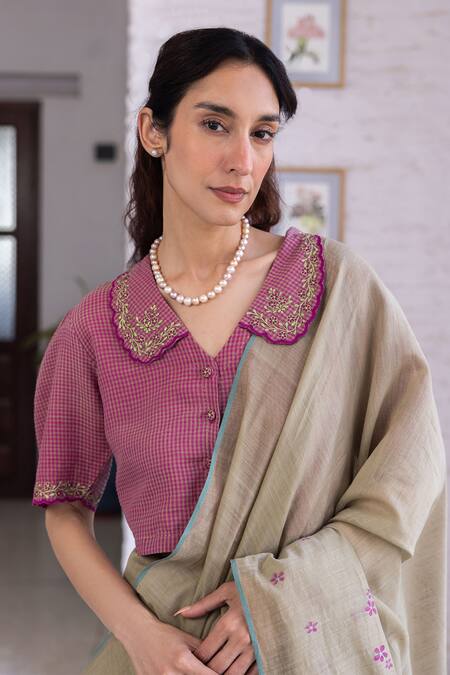 Shop_Surmaye_Brown Handloom Cotton Embroidery Earthen Bloom Jamdani Saree _Online_at_Aza_Fashions