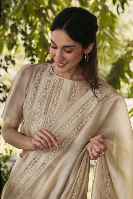 Shop_Surmaye_Beige Embroidery Whispering Ivy Light Saree _Online_at_Aza_Fashions