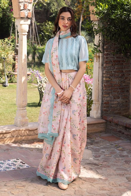 Surmaye Pink Embroidery Forest Breeze Scalloped Saree 