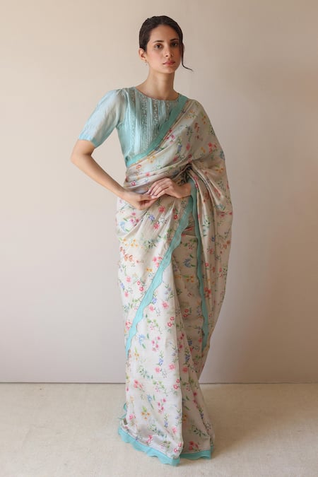 Shop_Surmaye_Beige Embroidery Forest Breeze Scalloped Saree _Online_at_Aza_Fashions