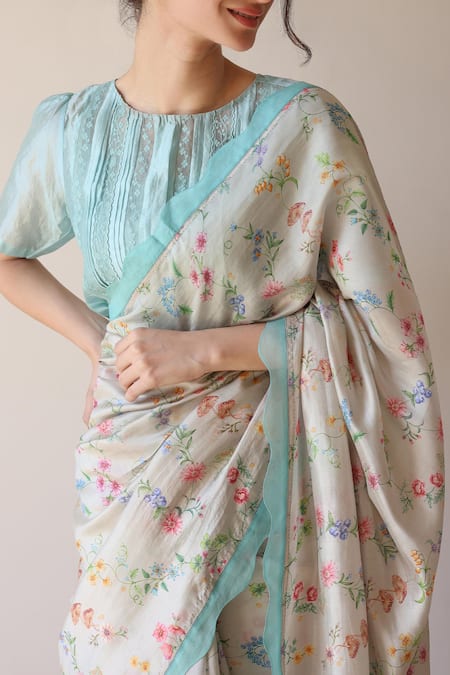 Surmaye_Beige Embroidery Forest Breeze Scalloped Saree _at_Aza_Fashions