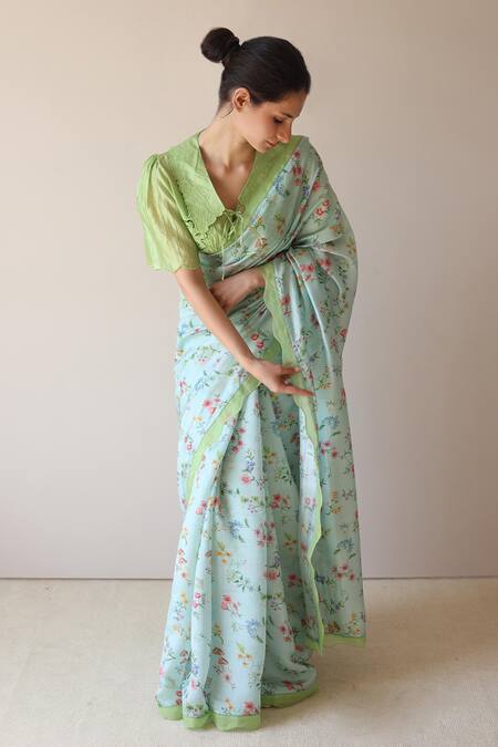 Buy_Surmaye_Blue Embroidery Forest Breeze Scalloped Saree _Online_at_Aza_Fashions