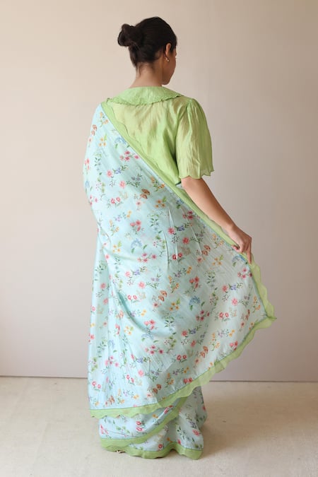 Surmaye_Blue Embroidery Forest Breeze Scalloped Saree _Online_at_Aza_Fashions