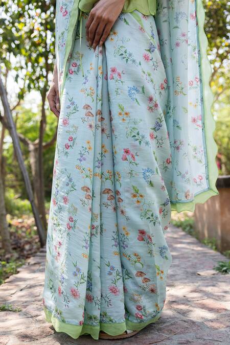 Shop_Surmaye_Blue Embroidery Forest Breeze Scalloped Saree _Online_at_Aza_Fashions