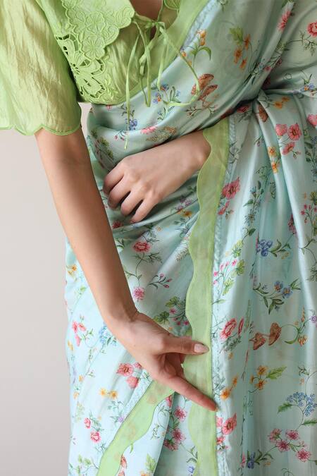 Surmaye_Blue Embroidery Forest Breeze Scalloped Saree _at_Aza_Fashions