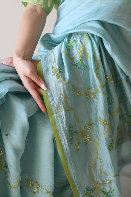 Buy Surmaye Blue Embroidery Moss And Mist Saree Online at Aza Fashions Buy_Surmaye_Blue Embroidery Moss And Mist Saree _Online_at_Aza_Fashions