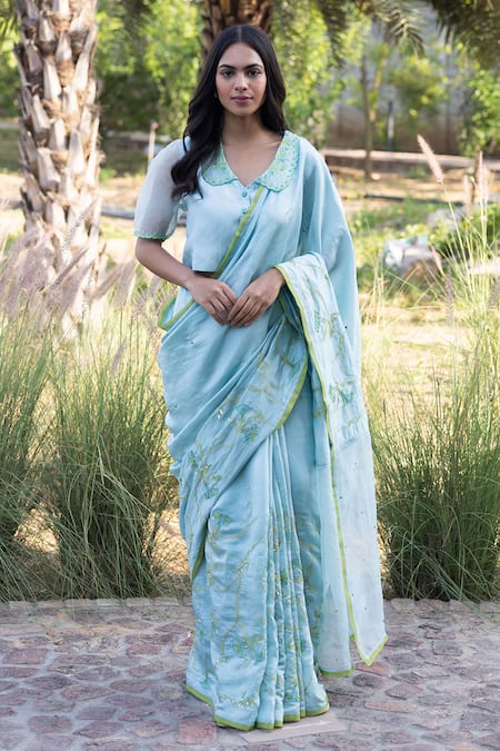 Surmaye Blue Moss And Mist Embroidered Saree 