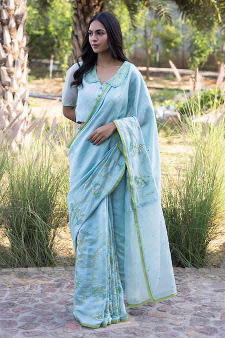 Buy Surmaye Blue Embroidery Moss And Mist Saree Buy_Surmaye_Blue Embroidery Moss And Mist Saree
