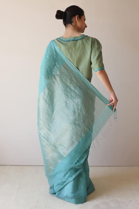 Surmaye Teal Wildflower Meadow Jamdani Saree 