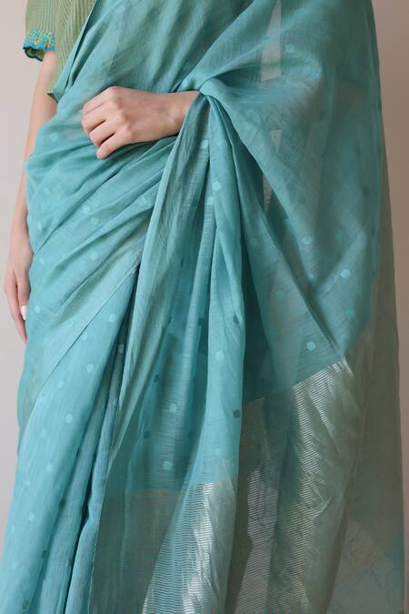 Buy_Surmaye_Teal Handloom Cotton Wildflower Meadow Jamdani Saree 