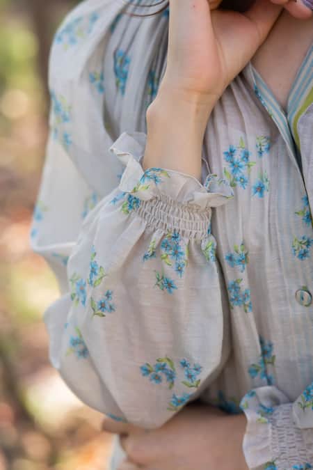 Buy Surmaye Beige Handloom Cotton Embroidery Round Neck Wildflower Kiss Midi Dress Online at Aza Fashions Buy_Surmaye_Beige Handloom Cotton Embroidery Round Neck Wildflower Kiss Midi Dress _Online_at_Aza_Fashions